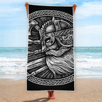 Black And White Viking God Odin Print Beach Towel