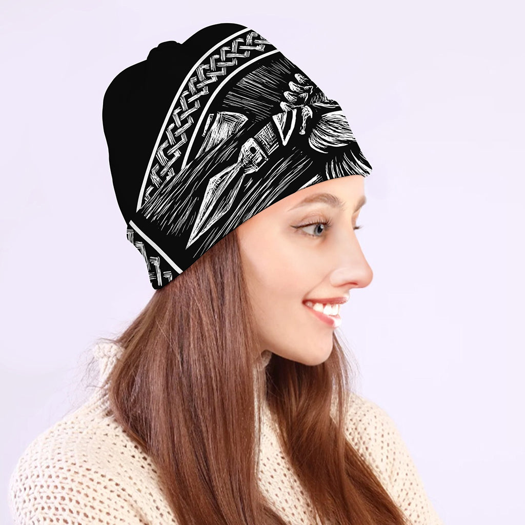Black And White Viking God Odin Print Beanie