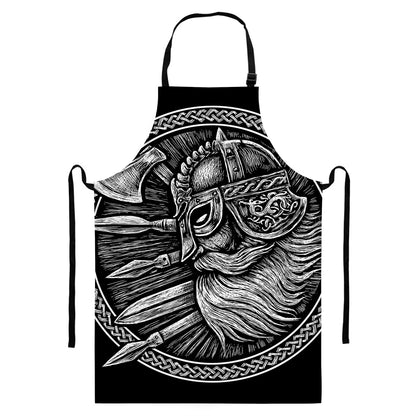 Black And White Viking God Odin Print Bib Apron With Pocket