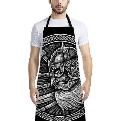 Black And White Viking God Odin Print Bib Apron With Pocket