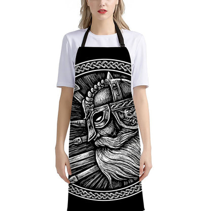 Black And White Viking God Odin Print Bib Apron With Pocket