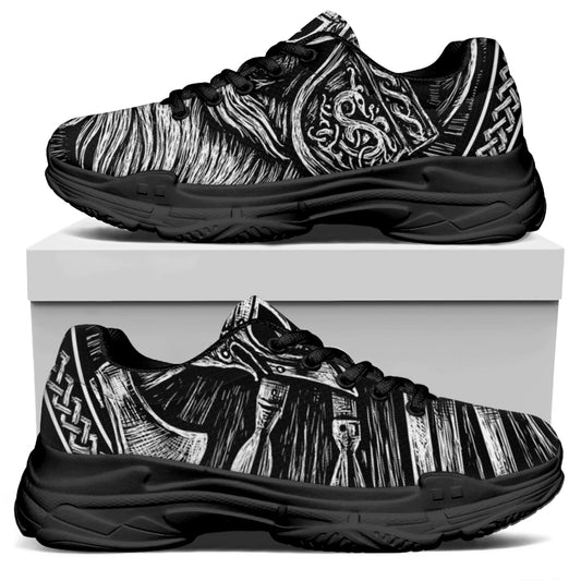 Black And White Viking God Odin Print Black Chunky Shoes