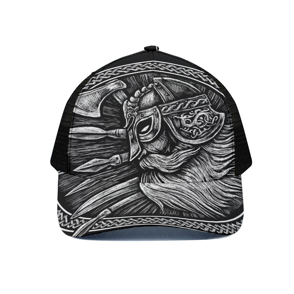 Black And White Viking God Odin Print Black Mesh Trucker Cap
