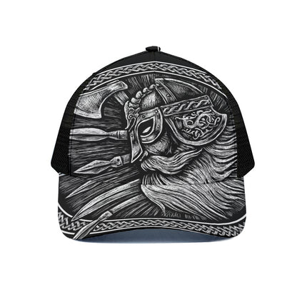 Black And White Viking God Odin Print Black Mesh Trucker Cap