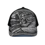 Black And White Viking God Odin Print Black Mesh Trucker Cap