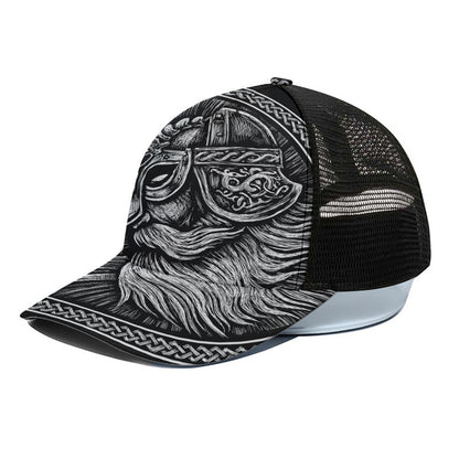 Black And White Viking God Odin Print Black Mesh Trucker Cap