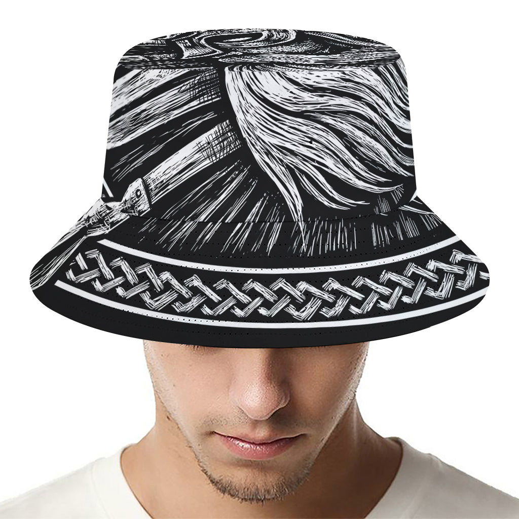 Black And White Viking God Odin Print Bucket Hat