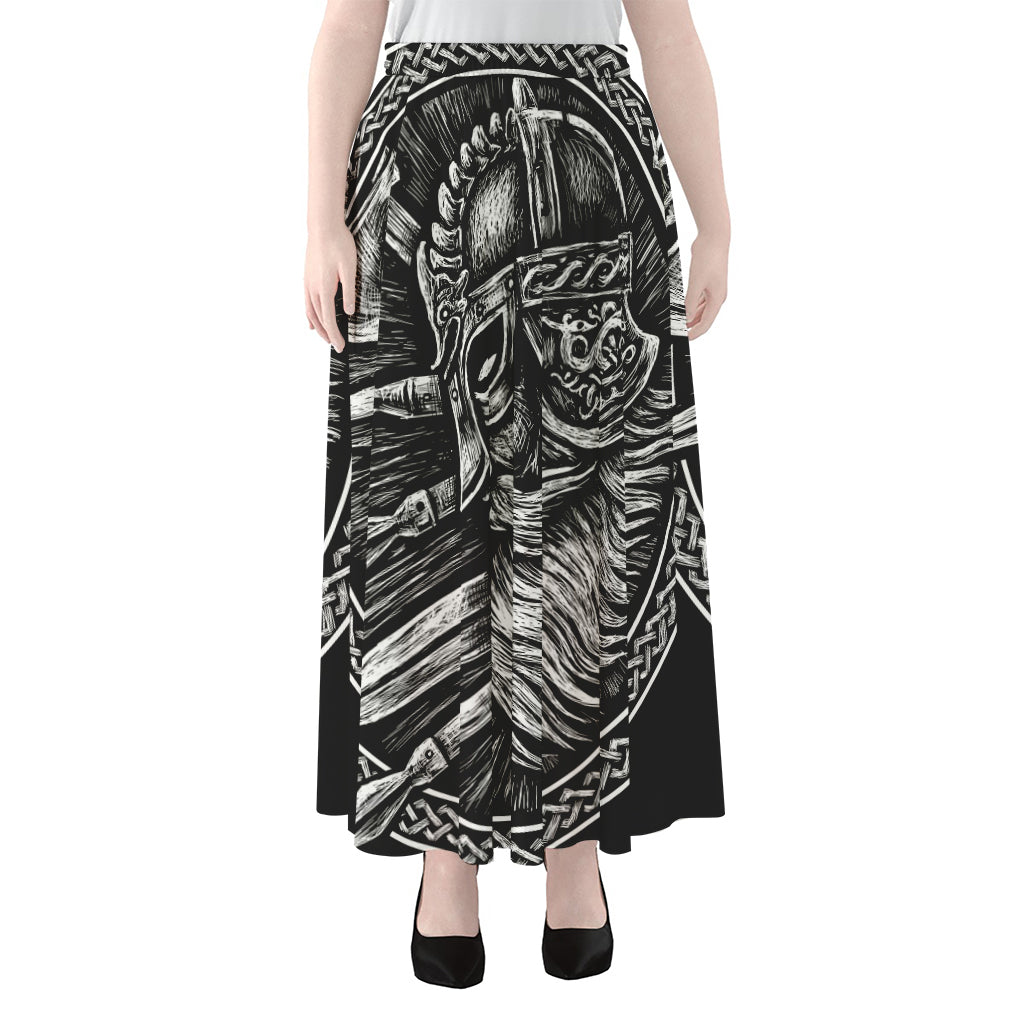 Black And White Viking God Odin Print Chiffon Maxi Skirt