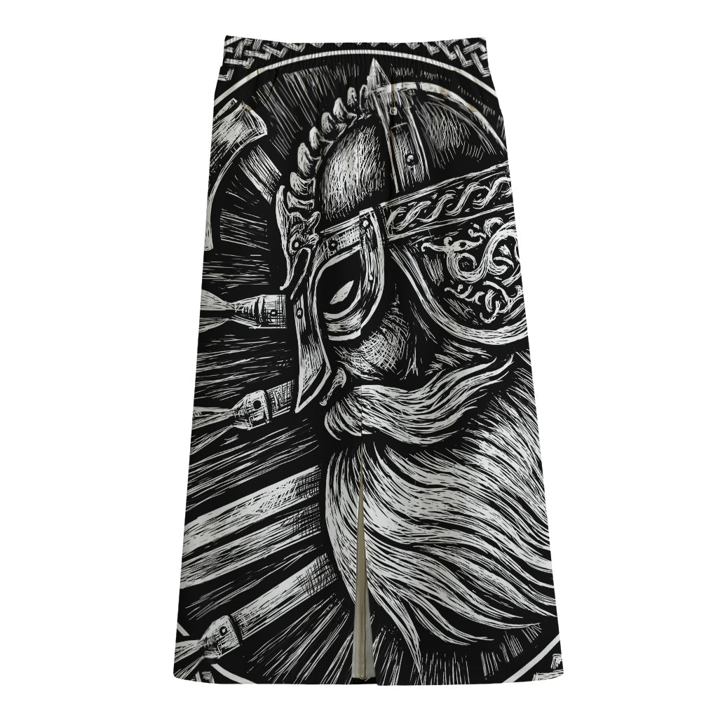 Black And White Viking God Odin Print Cotton Front Slit Maxi Skirt