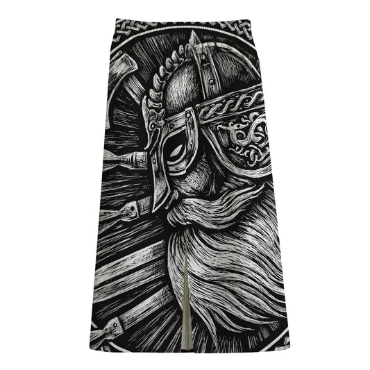 Black And White Viking God Odin Print Cotton Front Slit Maxi Skirt