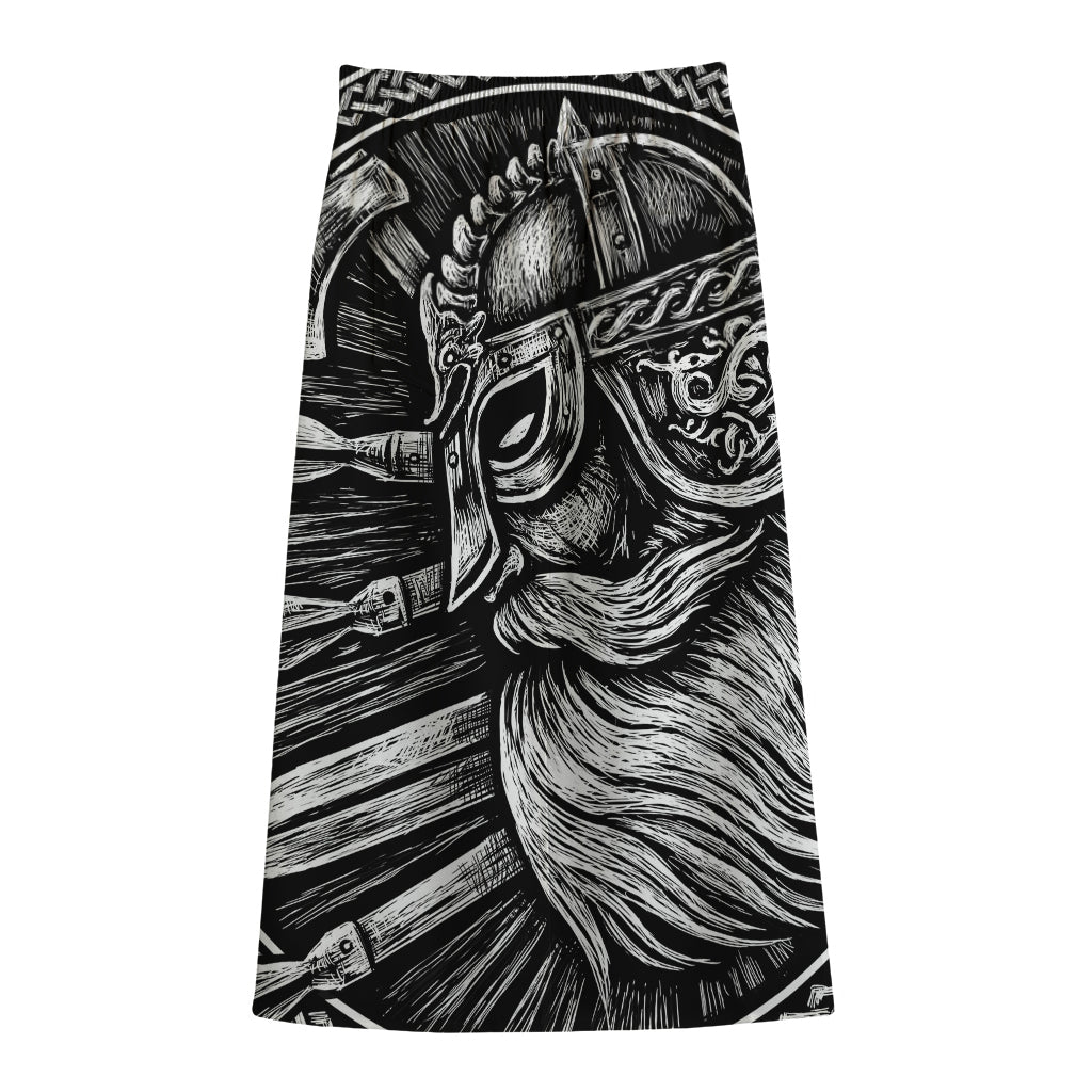 Black And White Viking God Odin Print Cotton Front Slit Maxi Skirt