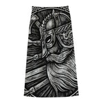 Black And White Viking God Odin Print Cotton Front Slit Maxi Skirt