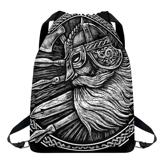 Black And White Viking God Odin Print Drawstring Backpack