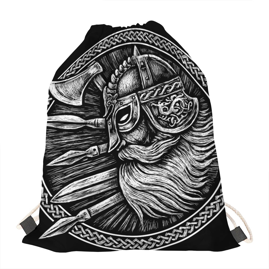 Black And White Viking God Odin Print Drawstring Bag