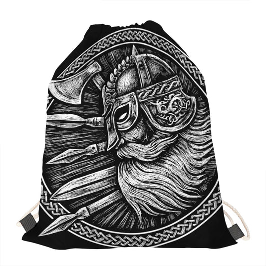 Black And White Viking God Odin Print Drawstring Bag