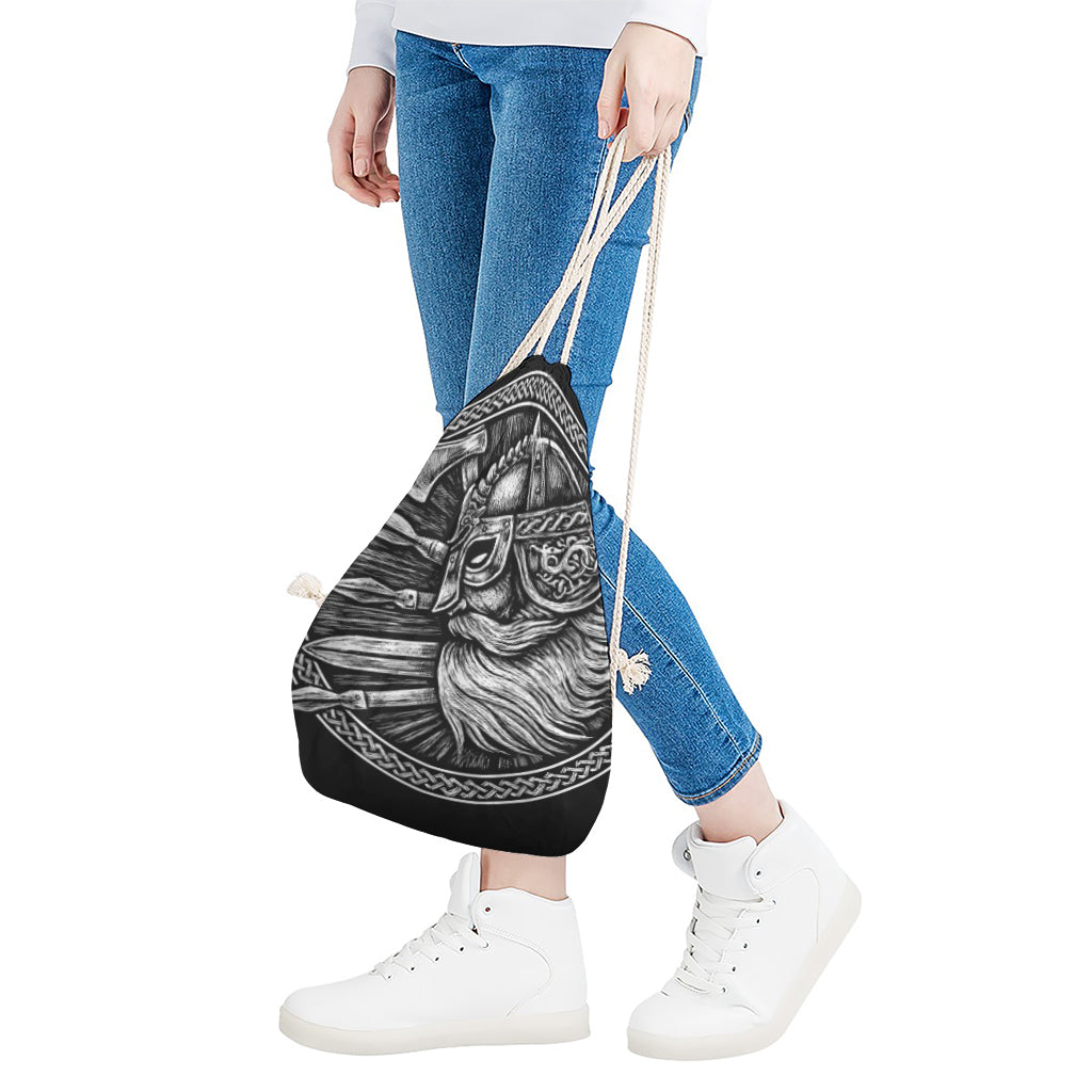 Black And White Viking God Odin Print Drawstring Bag