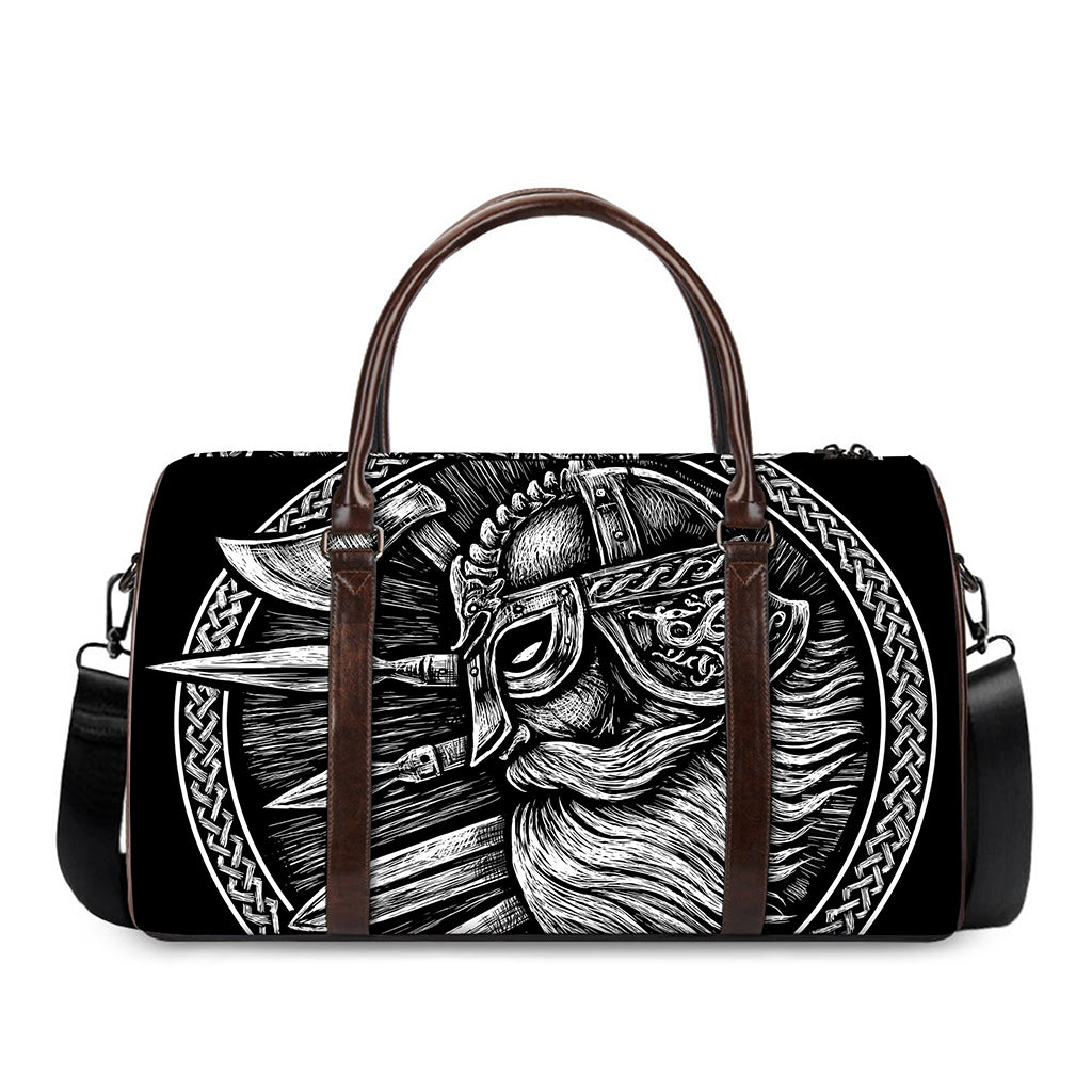 Black And White Viking God Odin Print Duffle Bag