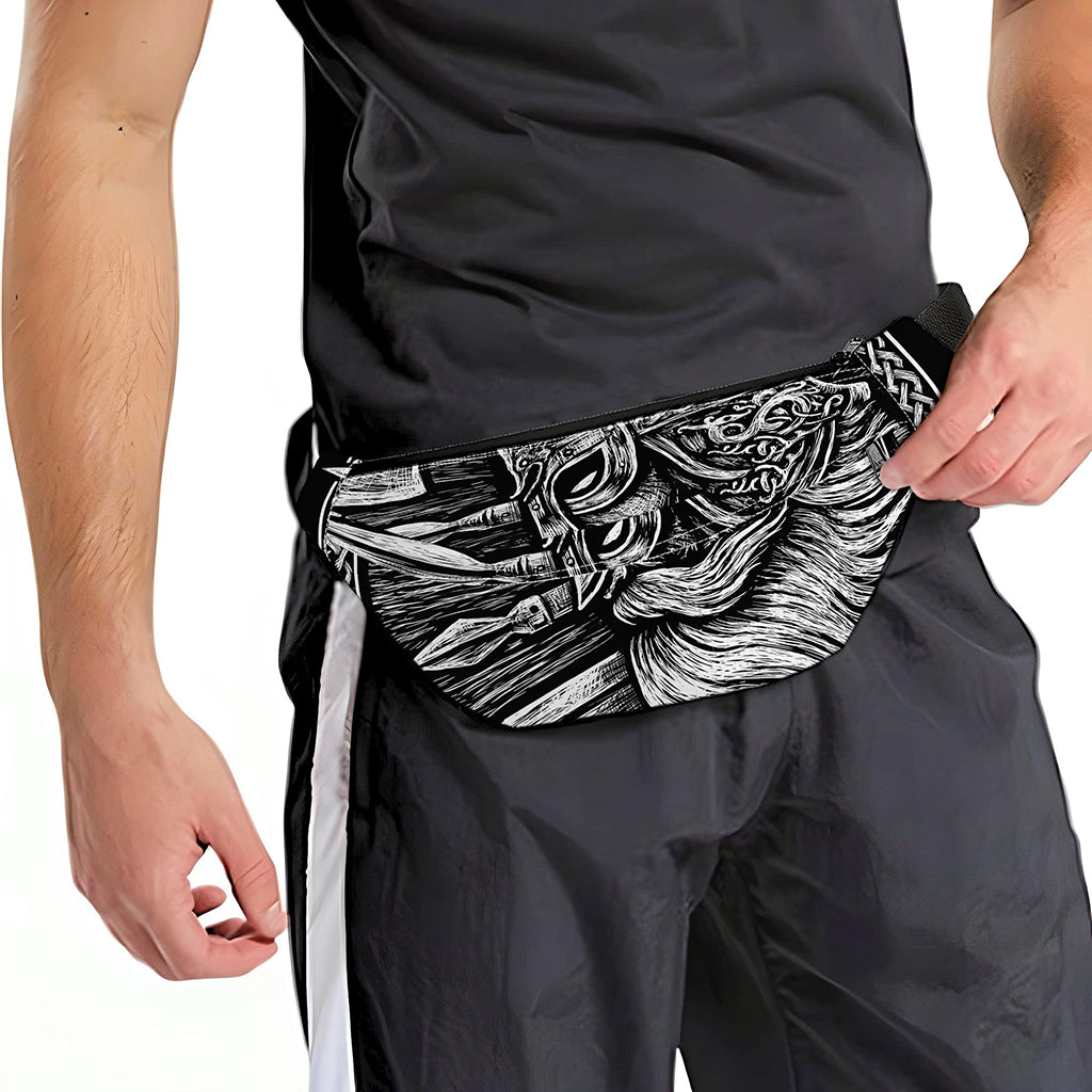 Black And White Viking God Odin Print Fanny Pack