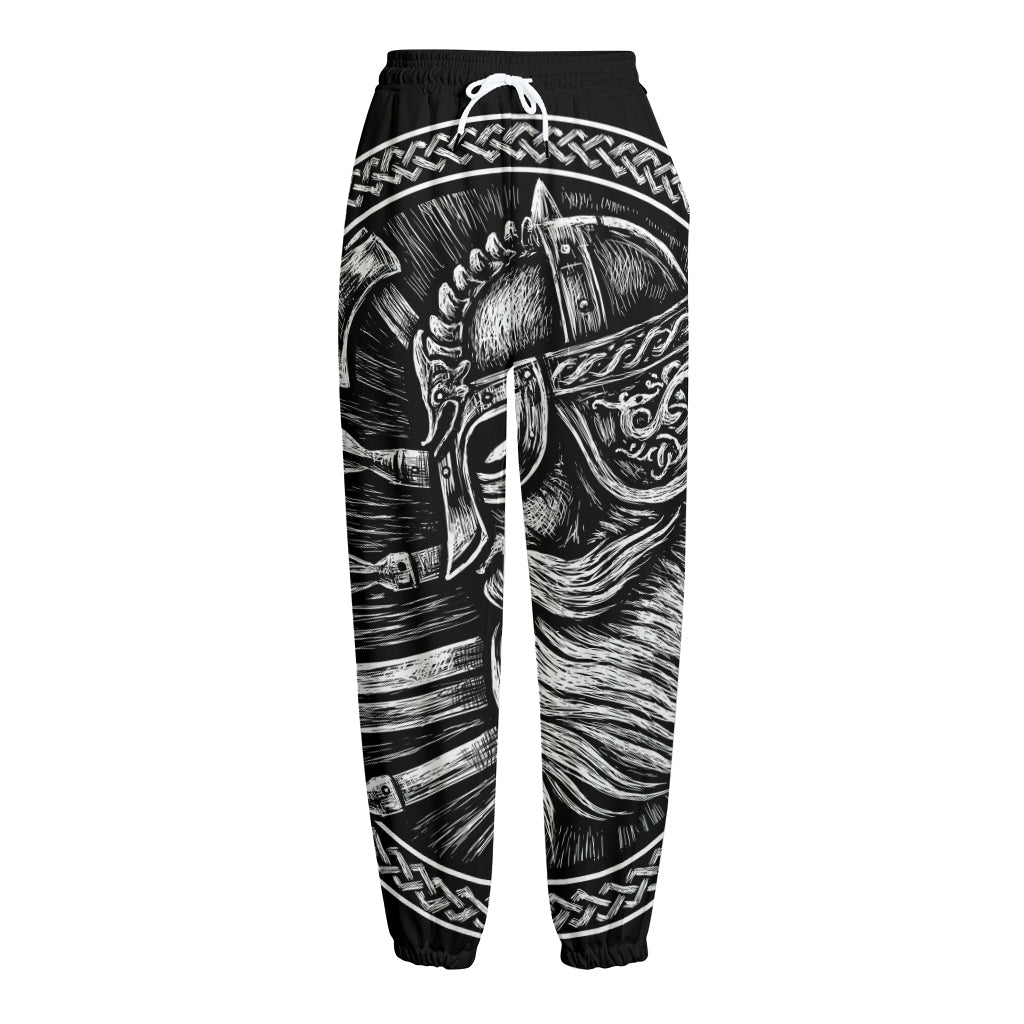 Black And White Viking God Odin Print Fleece Lined Knit Pants