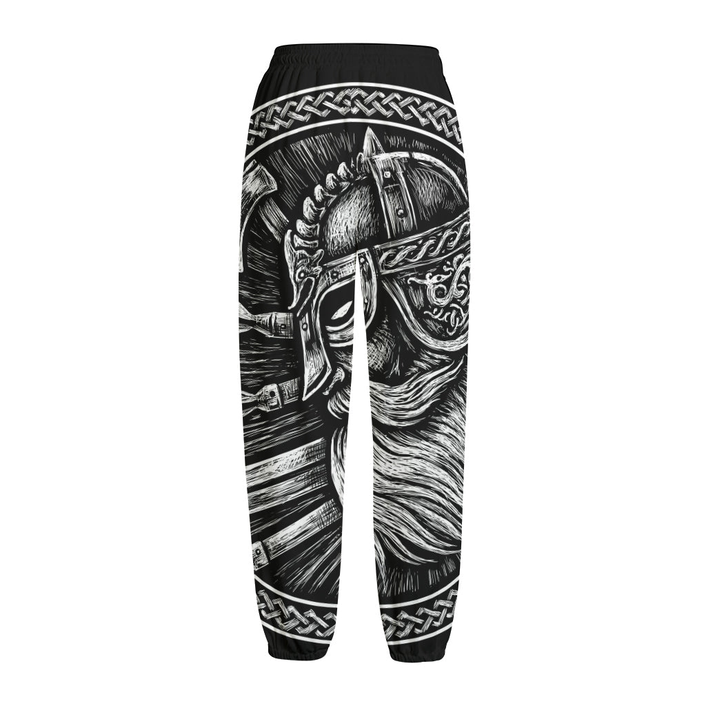 Black And White Viking God Odin Print Fleece Lined Knit Pants