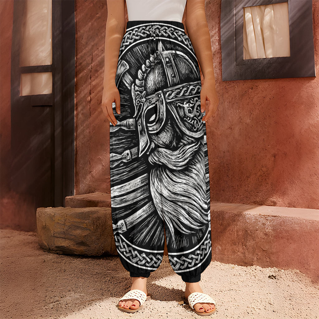 Black And White Viking God Odin Print Harem Pants