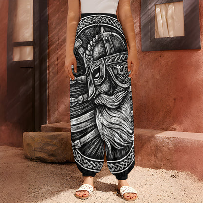 Black And White Viking God Odin Print Harem Pants