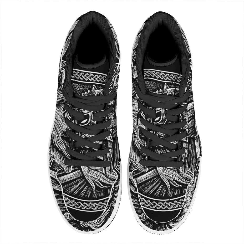 Black And White Viking God Odin Print High Top Leather Sneakers