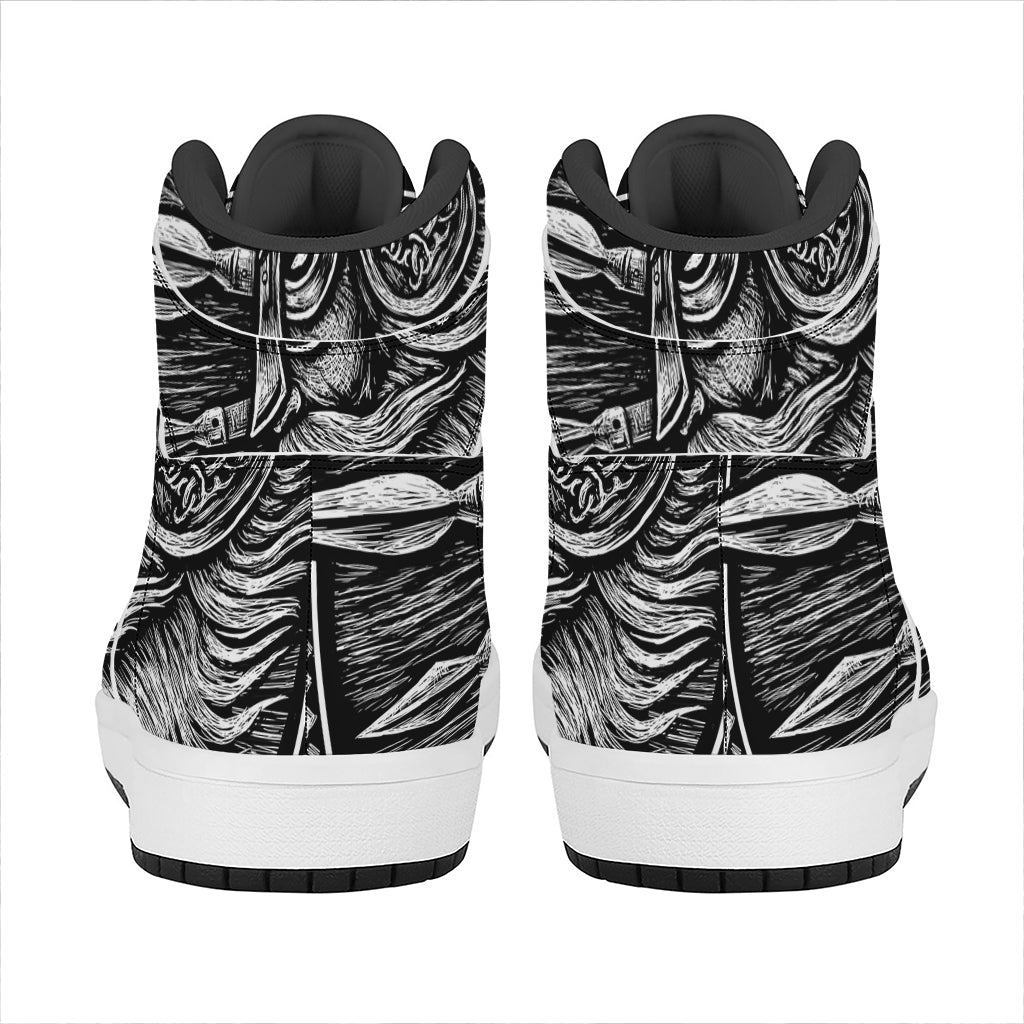 Black And White Viking God Odin Print High Top Leather Sneakers