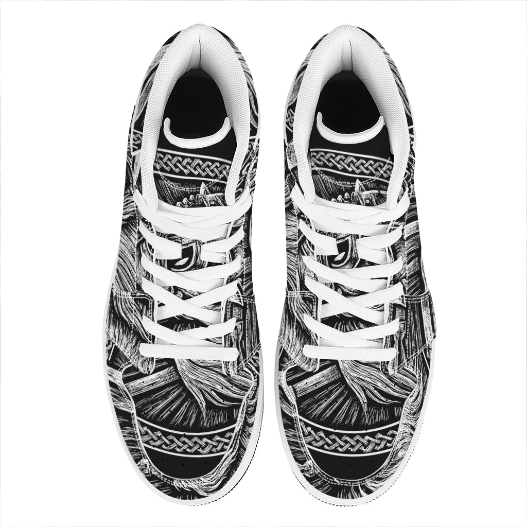 Black And White Viking God Odin Print High Top Leather Sneakers