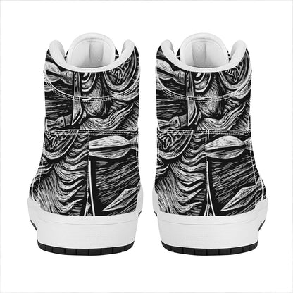 Black And White Viking God Odin Print High Top Leather Sneakers