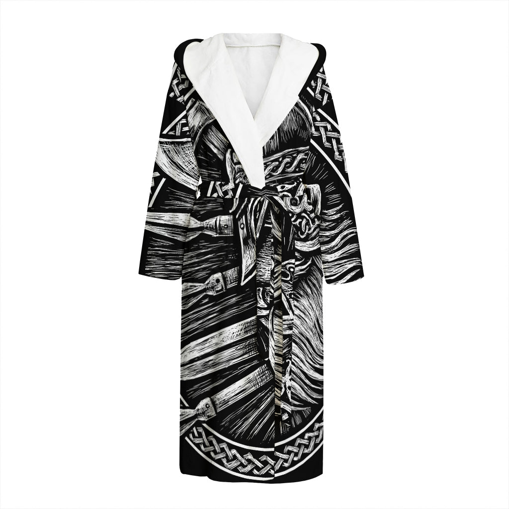 Black And White Viking God Odin Print Hooded Bathrobe