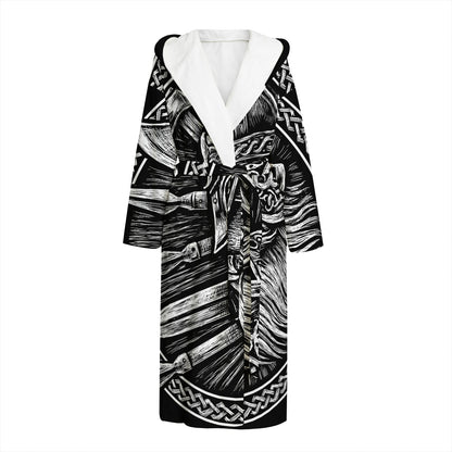 Black And White Viking God Odin Print Hooded Bathrobe