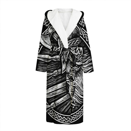 Black And White Viking God Odin Print Hooded Bathrobe