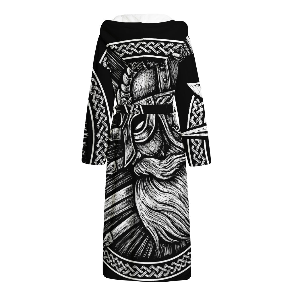 Black And White Viking God Odin Print Hooded Bathrobe