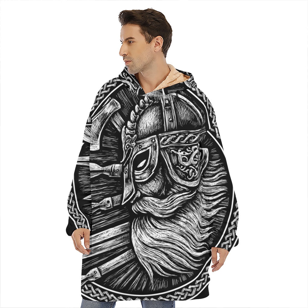 Black And White Viking God Odin Print Hoodie Blanket