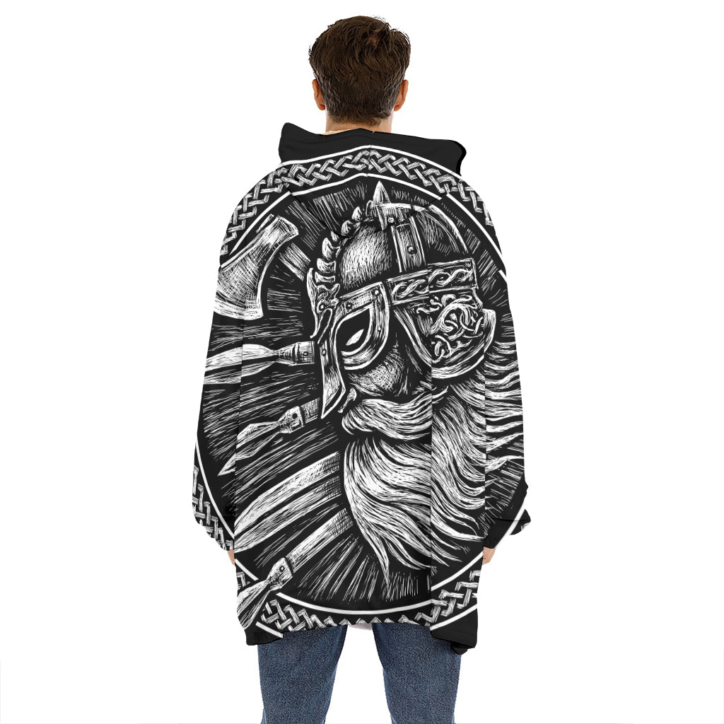 Black And White Viking God Odin Print Hoodie Blanket