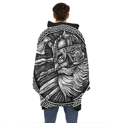 Black And White Viking God Odin Print Hoodie Blanket