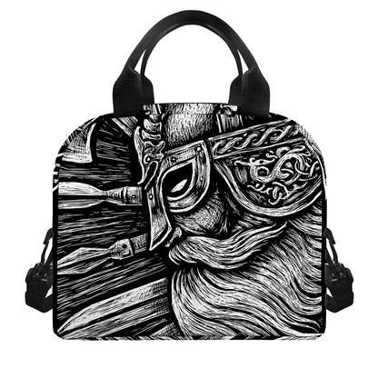Black And White Viking God Odin Print Insulated Lunch Bag