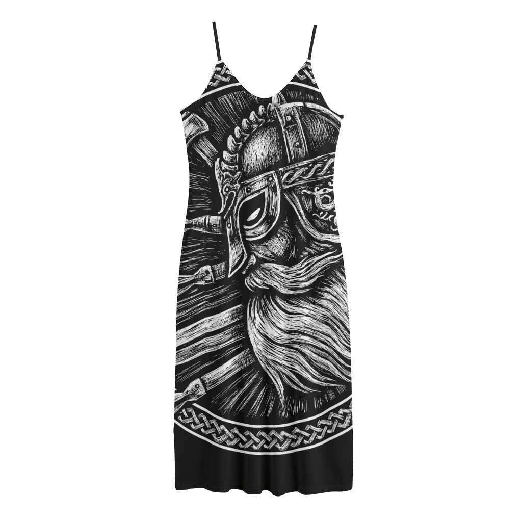 Black And White Viking God Odin Print Jersey Midi Cami Dress