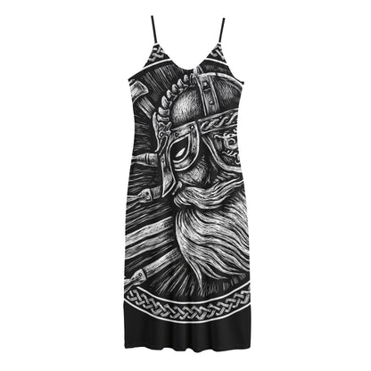 Black And White Viking God Odin Print Jersey Midi Cami Dress