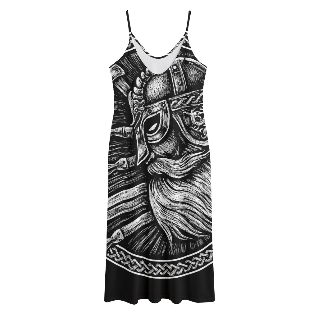 Black And White Viking God Odin Print Jersey Midi Cami Dress