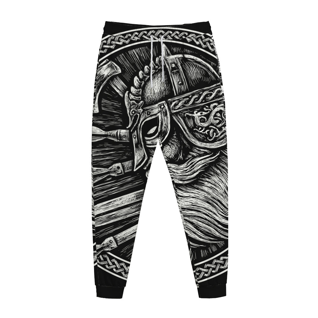 Black And White Viking God Odin Print Jogger Pants