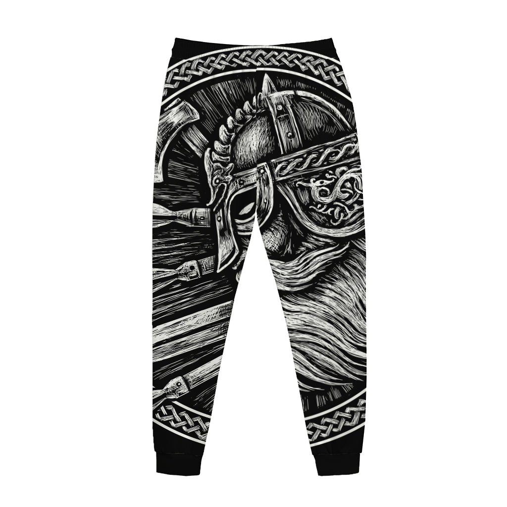 Black And White Viking God Odin Print Jogger Pants