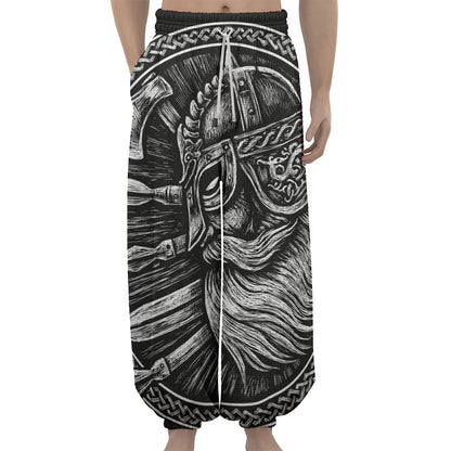 Black And White Viking God Odin Print Lantern Pants