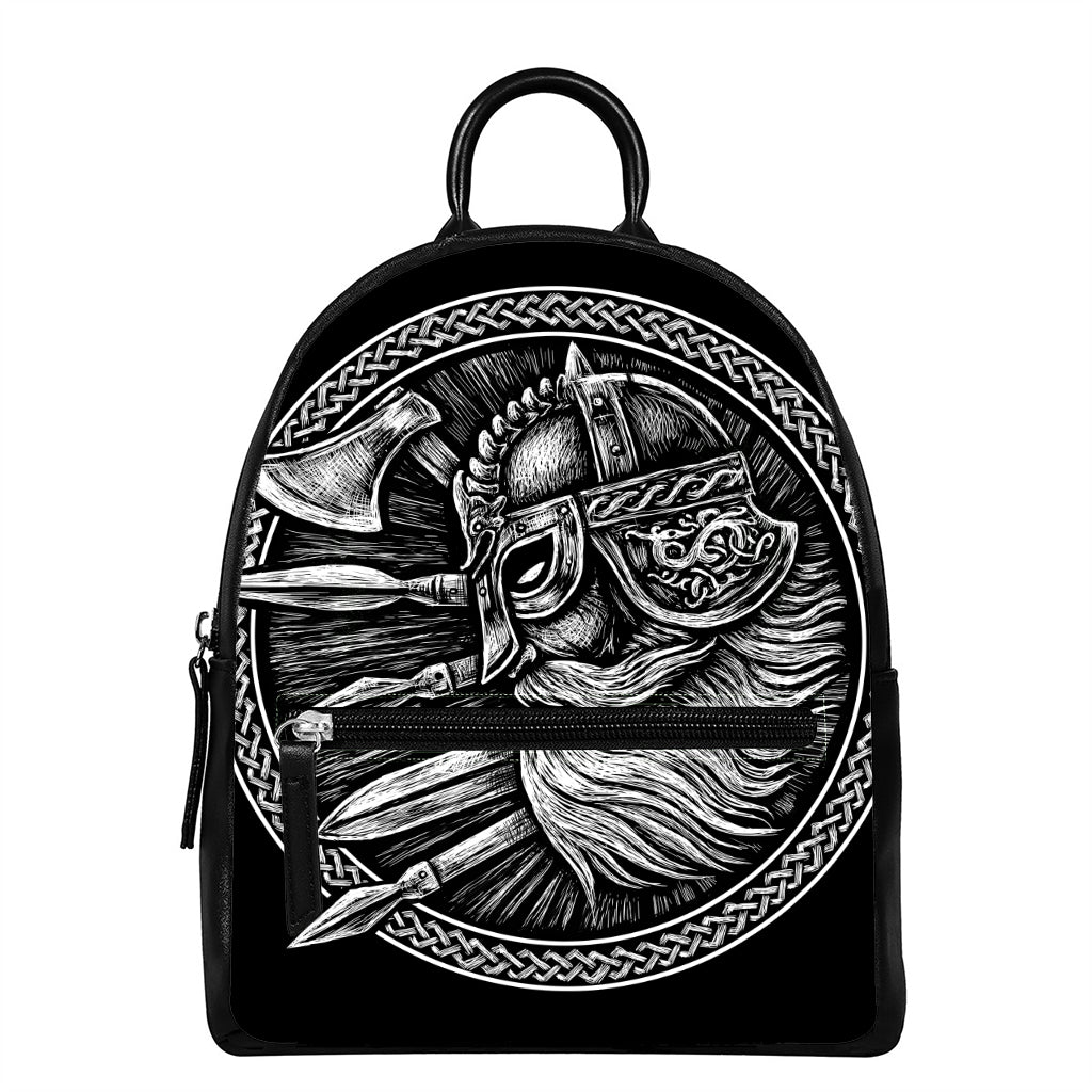 Black And White Viking God Odin Print Leather Backpack