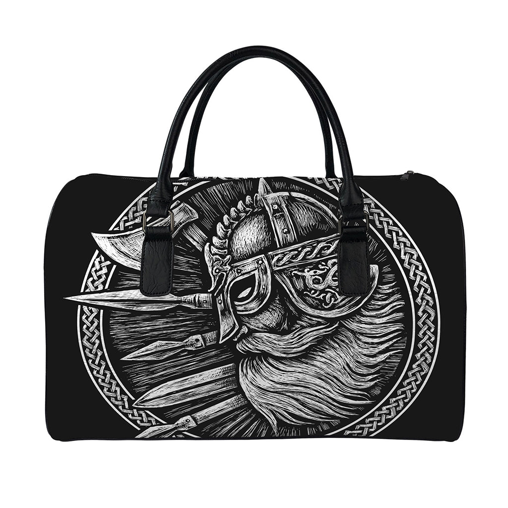 Black And White Viking God Odin Print Leather Duffle Bag