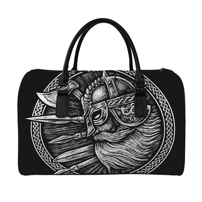 Black And White Viking God Odin Print Leather Duffle Bag