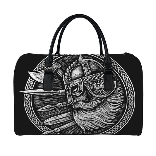Black And White Viking God Odin Print Leather Duffle Bag