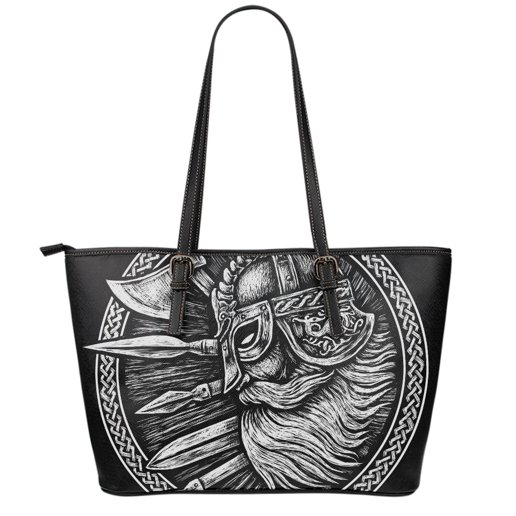 Black And White Viking God Odin Print Leather Tote Bag