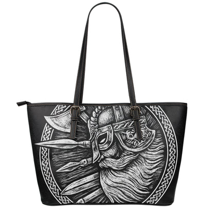 Black And White Viking God Odin Print Leather Tote Bag